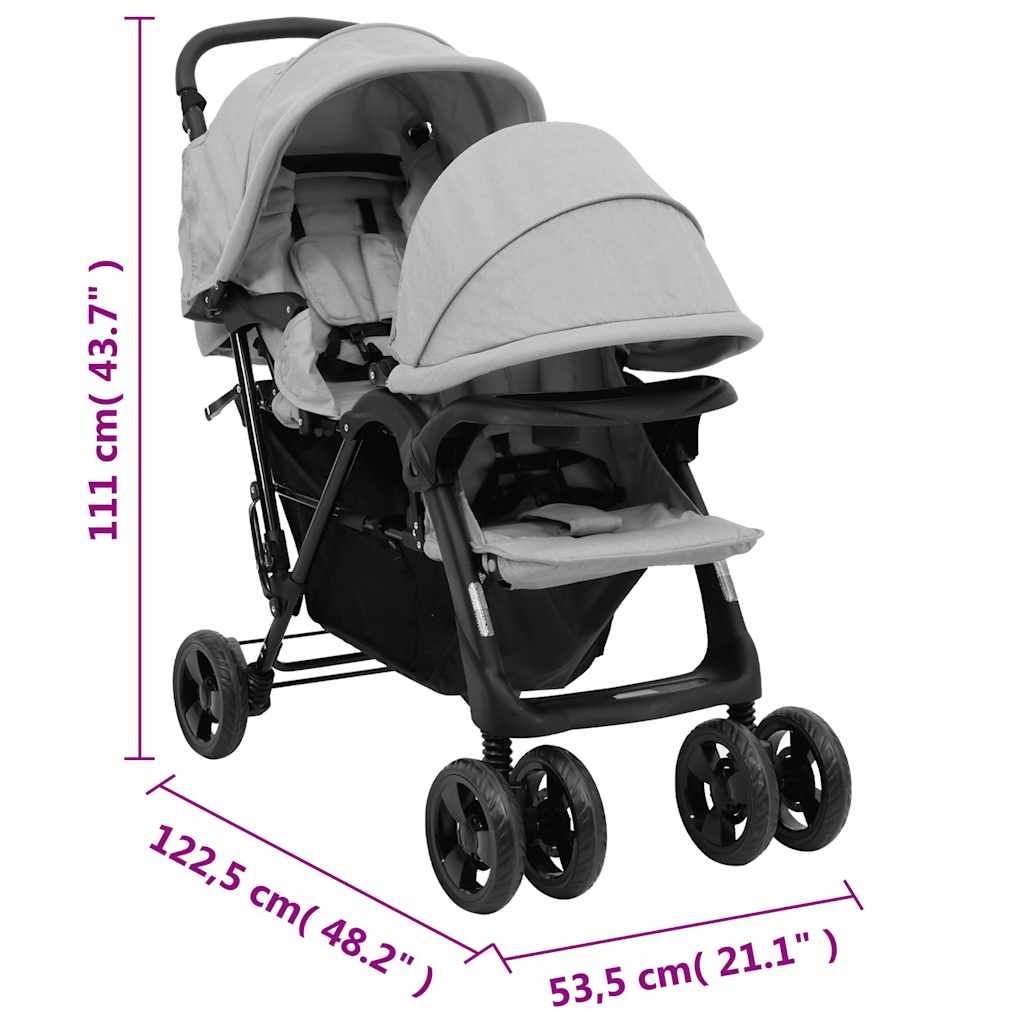 Passeggino Gemellare a Tandem Grigio Chiaro in Acciaio